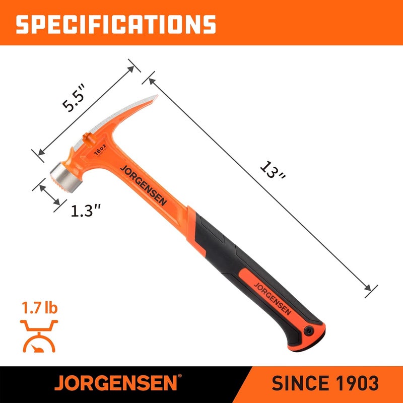 Jorgensen 16 oz Straight Claw Hammer, Rip Claw Hammer with Milled Face & Shock Absorbing Grip, Heavy Duty One-piece Forged Hammer - Image 2